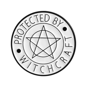 Protected by Witchcraft round enamel pin with black pentagram and white background