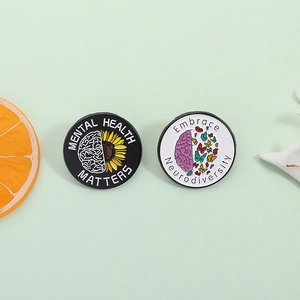 Mental Health Matters and Embrace Neurodiversity enamel brooch set with sunflower and brain art
