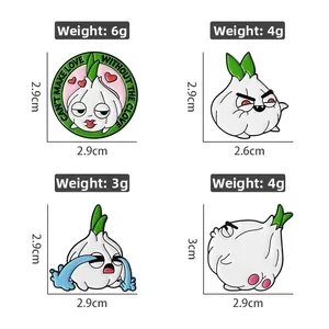 Detailed view of four cartoon garlic enamel pins with sizes and weights labeled