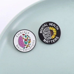Enamel neurodiversity mental health awareness pins with brain butterfly and sunflower