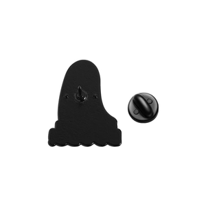 Detailed back view of ghost brooch with black rubber butterfly clutch and pin