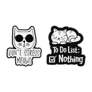 Funny black and white cat enamel pins with Don't Stress Meowt and To Do List slogans