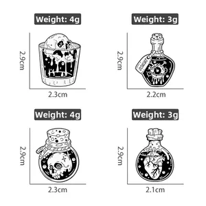 Detailed grid of vintage dark enamel pins with skull, eyeball, and heart in glass bottles