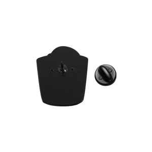 Detailed back view of enamel pin with black metal plating and a rubber clutch closure