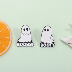Funny ghost enamel pins with Boobs and Booty text for Halloween fashion accessories