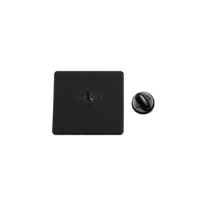 Detail of matte black metal brooch back pins and butterfly clasps for enamel badges
