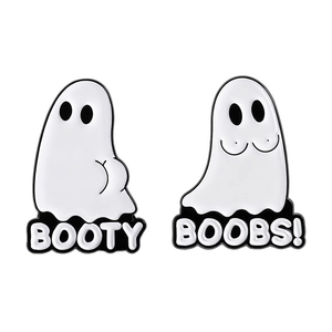 Set of two funny Halloween ghost enamel pins featuring Booty and Boobs creative design