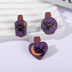 Halloween purple enamel pins set featuring black cat magic bottles and moon moon elements