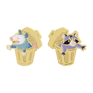 Set de pines de esmalte de zarigüeya y mapache en cubos de basura dorados para ropa