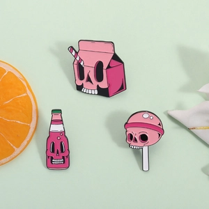 Roze Schedel Emaille Pin Gothiek Melkpak Soda Fles Lolly Zinklegering Broche Badge Voor Kleding Tas Accessoires