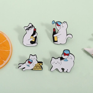 Funny white cat enamel pins set featuring drinking kittens and wine bottle accessories