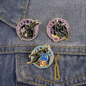 Gothic enamel pin set with black cat owl and bat on denim fabric for accessories