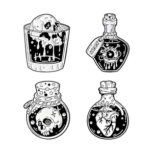 Gothic black and white enamel pins featuring skeleton, eyeball bottle, and heart designs