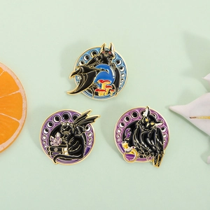 Set of 3 gothic enamel pins featuring magic black cat, owl, and bat on a green background