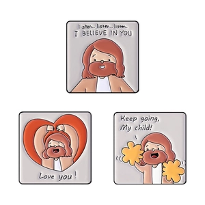 Square enamel pins set featuring Jesus illustrations and motivational English quotes