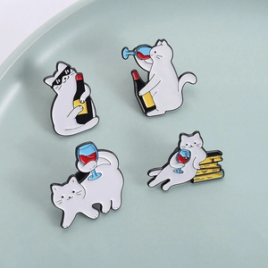 Cute white cat enamel pin set featuring feline with wine glass on a ceramic plate