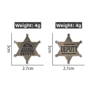 Detailed view of Fallout Sunset Sarsaparilla Deputy bronze metal badge with size specs