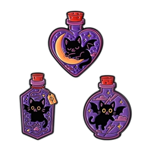 Three-piece black bat cat enamel pins set featuring purple potion bottles and moon charms