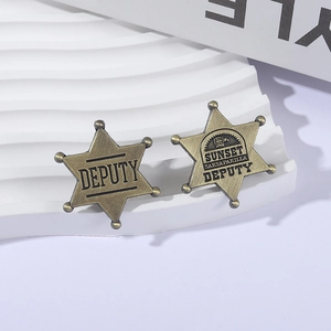 Vintage western hexagram deputy badge pin set with sunset sarsaparilla metal engraving
