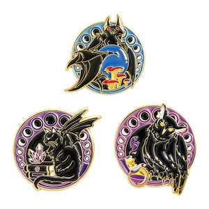 Three-piece set of cute bat, black cat, and owl enamel pins with golden metal edges