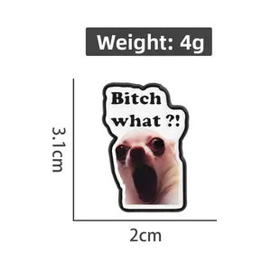 Detailed size view of screaming Chihuahua enamel pin with Bitch What text and dimensions