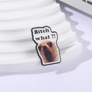 Funny Chihuahua enamel pin with Bitch What text for creative clothing and bag decoration