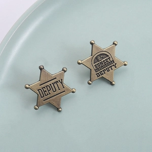 Retro Western hexagram deputy badge pin in antique bronze finish for jackets