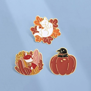 Broche en Émail Thème Automne Chat Blanc Renard Corbeau Dans Citrouille Badge Dessin Animé Halloween pour Femmes Enfants Bijoux