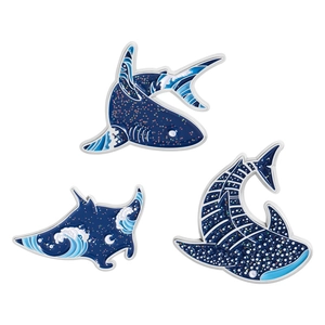 Three-piece ocean animal enamel pin set featuring blue glitter shark and whale motifs