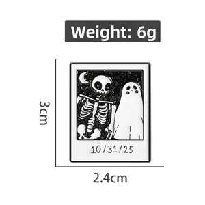 Enamel skull ghost pin with black glitter sky background and date engraving