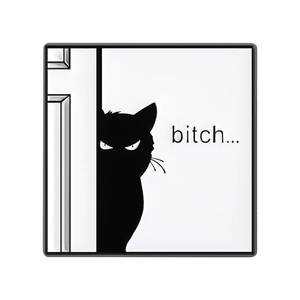 Funny black cat enamel pin with bitch text, quirky dark humor metal badge for clothes