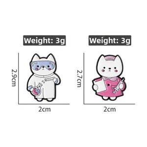 Detailed view of funny cartoon cat enamel pins showing scientist and nurse cats with weights
