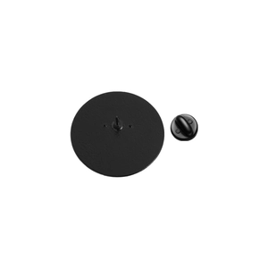 Detail view of round black enamel pin back with rubber clutch and metal pin base