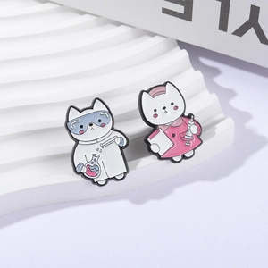 Cute enamel pins set with scientist and nurse cat designs in white and pink uniforms