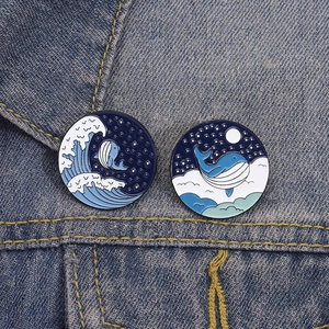 Japanese style blue whale pins with moonlit night and sea wave design on denim