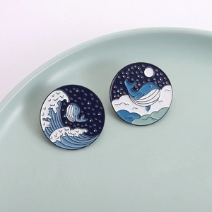 Deep blue starry sky enamel whale pins with ocean waves and moon clouds on ceramic tray
