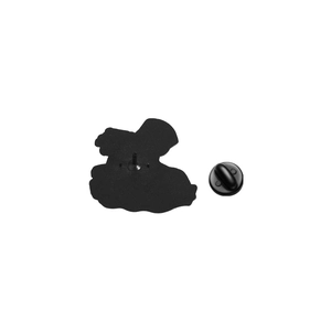 Detail view of the black matte enamel pin back featuring a secure metal butterfly clutch