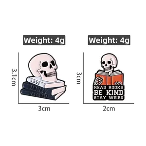 Detailed size view of skull enamel pins on books with dimensions and weight info