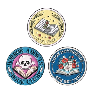 Round metal enamel badges with book lover and horror addict skull themes for backpacks