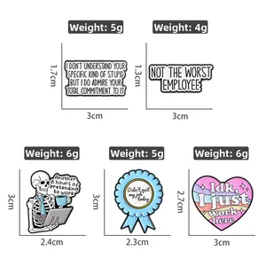 Detail view of workplace humor enamel pins with dimensions and weight measurements
