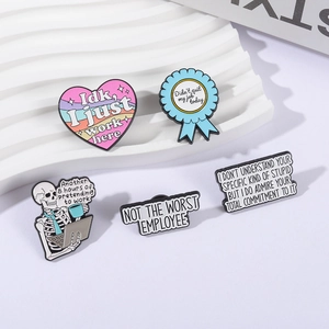 Five creative metal enamel office quotes pins featuring funny skeleton and slogan designs