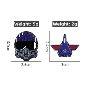 Detailed views of enamel pilot helmet and fighter jet pins with size and weight specs