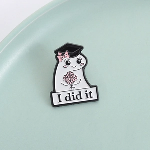 Cute ghost enamel pin with graduation cap and flower bouquet featuring I did it text