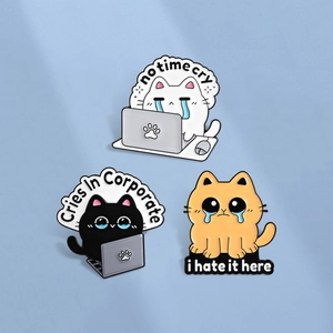 Funny Office Worker Cat Enamel Brooch Pin Zinc Alloy Crying Cat Lapel Badge For Coat Suit Commute Fashion Accessory Gift