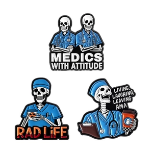 Three-piece cartoon skeleton medical enamel pins with humorous healthcare worker slogans