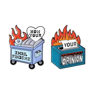 Email Humor Emaille-Pin-Set mit brennendem Mülleimer und Aktenvernichter Metall-Abzeichen