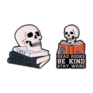 Dark skull enamel pins set with love money freedom books and reading theme badges