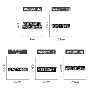 Detailed size and weight specs for five black enamel book-themed lapel pins