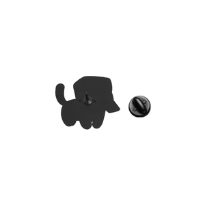 Detailed back view of a cute cartoon cat enamel pin with a black rubber clutch fastener