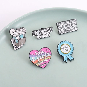 Five-piece workplace enamel pin set with funny skull and office quotes on ceramic plate